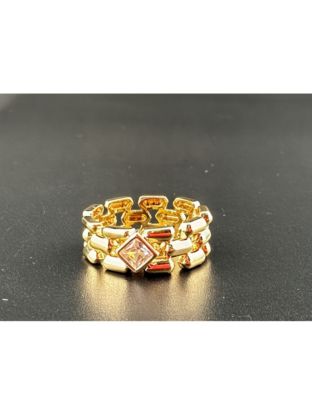 Elegant Gold Tone Link Ring with Square Clear Stone 7.5
